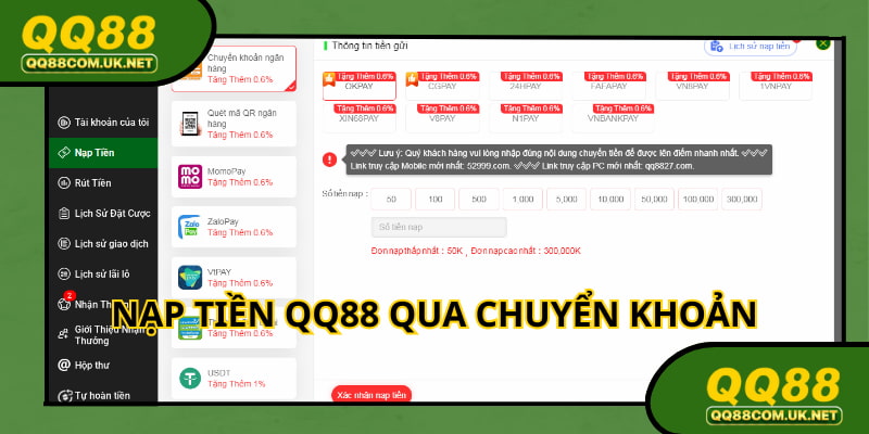 Nạp tiền QQ88 với cách chuyển khoản vào ngân hàng